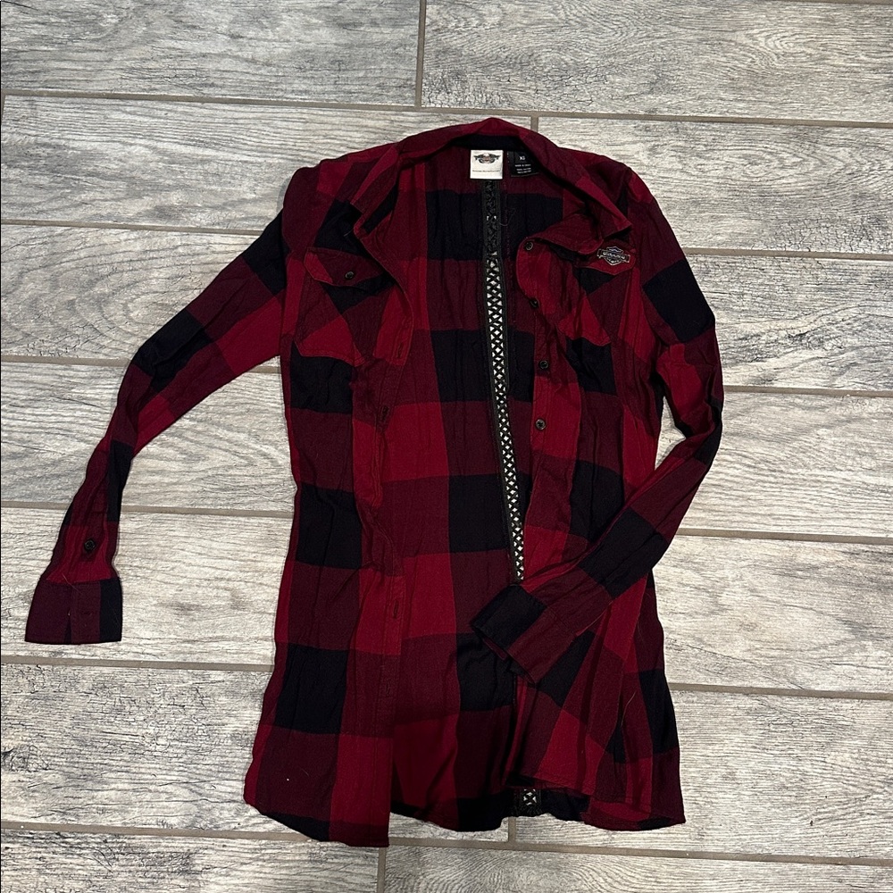 Harley Davidson Red and Black Plaid Long Sleeve Shirt